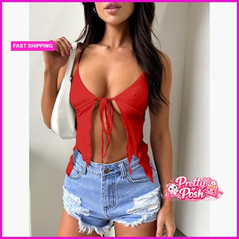 Sexy Deep V Neck Tie Front Backless Spaghetti Strap Cami Crop Top - Picture 5 of 7